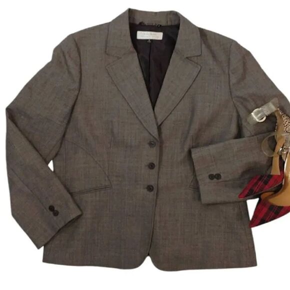 VTG 90s Tahari Levine Brown Grey Wool Blend Single Breast Blazer Plussize 18 - Picture 3 of 14